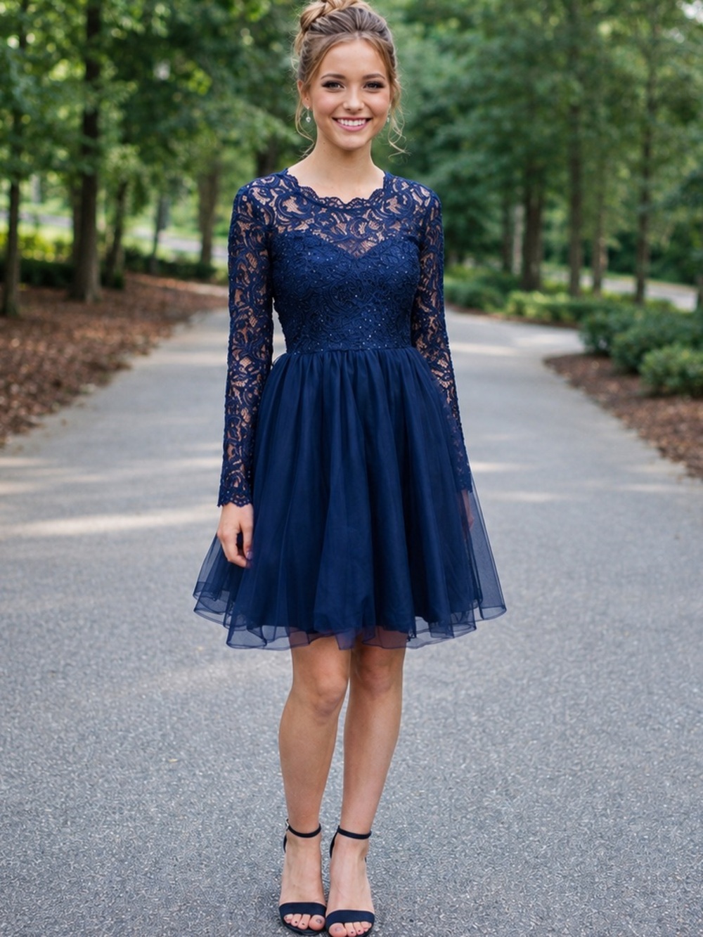 Navy Lace Tulle Fit & Flare Special Occasion Dress | Sequin Embellished